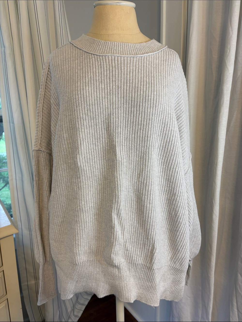 aerie Light Gray/Blue Ribbed Crewneck Pullover